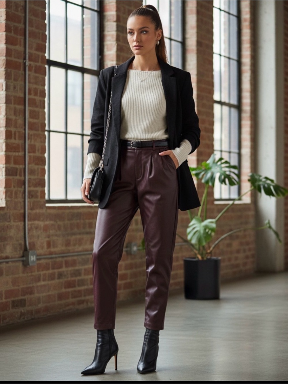 Express Burgundy Leather-Look Tapered Trousers